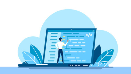 Concept of script coding and programming. JavaScript, PHP, Python, HTML, other languages. Programmer working on web development on the laptop. Software developers. Flat modern cartoon illustration.