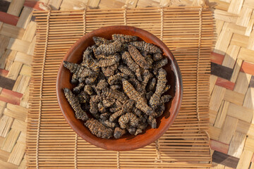 Dried edible mopane worms (Gonimbrasia belina), a type of emperor moth, a popular African delicacy