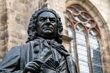 Johann Sebastian Bach Statue In Front Of St. Thomas Church In Leipzig