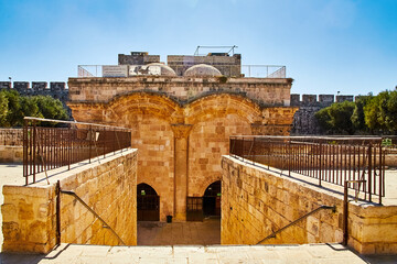 Wall Mural - view of golden gate on temple mount. also called Jerusalem Eastern Gate, in Hebrew, Shaar Harachamimi-Gate of Mercy. Muslims, gate is referred to as Bab al-Dhahabi or Bab al-Zahabi. is sealed shut.