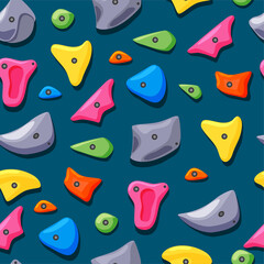 Grippers for climbing in the gym seamless pattern. Imitation of a rock. Various fasteners. Cartoon vector background