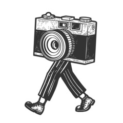 Walking photo camera sketch raster illustration