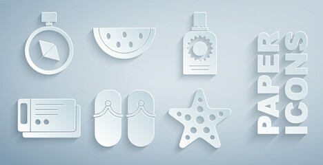 Sticker - Set Flip flops, Sunscreen spray bottle, Travel ticket, Starfish, Watermelon and Compass icon. Vector