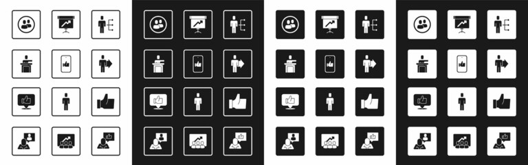 Set User of man in business suit, Hand like, Speaker, Project team base, Team leader, Chalkboard with diagram, and icon. Vector