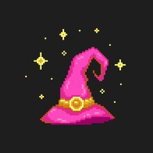 Pixel Art Pink Witch Hat. Retro Pixel Witch Or Sorceress Hat Illustration In 8 Bit Style. Halloween Decoration Sprite Or Game Assets. 90s Style Pixel Isolated Vector Orange Witch Hat With Stars Icon.