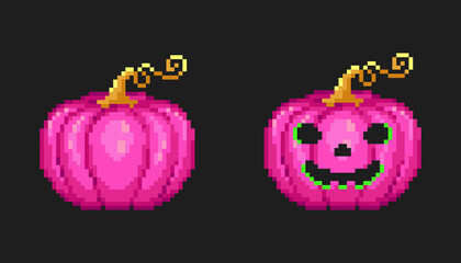 Wall Mural - Funny cute pixel art pink pumpkin jack lantern. 8 bit retro icon of toxic pink pumpkin for halloween decoration on a black background. Fun vintage baby pumpkin pixel illustration for halloween.