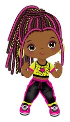 Cute Little African American Girl with Braided Hair Dancing Hip Hop. Vector Hip Hop Black Girl 