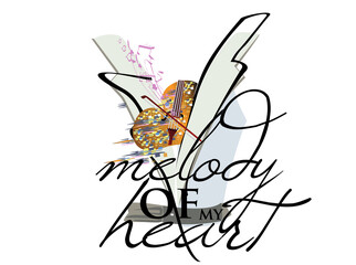 Sticker - Melody of my heart slogan design with heart decorated with colorful mosaic. Female style. Handwritten lettering quote, slogan or saying. Hand drawn vector illustration. 