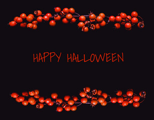 Orange potentilla on the top and bellow the text, on a black background in grunge and matte style. Happy Halloween text on the dark . Minimalistic background for autumn holidays with space for text, c