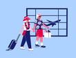 © Sophie Alp - snowbirds traveling to sunny destination. Retired couple in airport terminal. Elderly grandparents going on vacation with luggage suitcase and carry on. summer getaway during winter holidays