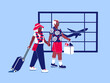 © Sophie Alp - Retired couple travel through airport. Terminal with airplane in background. Elderly grandparents on the way to vacation with luggage. Carrying suitcase and carry on bag.