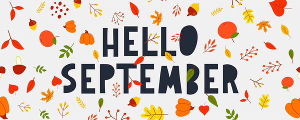 Sticker - Hand drawn typography lettering phrase Hello, September isolated on the white background with golden wreath. Fun brush ink calligraphy inscription for greeting and invitation card or print design