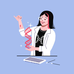 Geneticist in lab holding sample tube and dna strip. Genomic sequencing in medical research laboratory by female stem doctor. Happy lab technician with swabs, equipment dna kit. photo 51 t shirt
