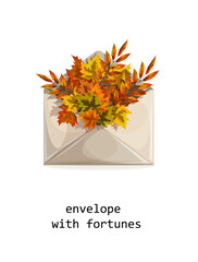 Vector image of an envelope with an autumn bouquet of foliage isolated on a white background with a thematic inscription in the form of a postcard. Concept. Cartoon style. EPS 10