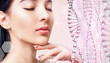 Beautiful sensual woman and glass DNA stems over pink background.
