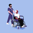© Sophie Alp - Male nurse in nursing home. Smiling elderly man in wheelchair pushed by caregiver. Old age home facility with retired residents. Happy grandpa in wheelchair with young staff member of hospital.