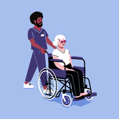 Male nurse in nursing home. Smiling elderly man in wheelchair pushed by caregiver. Old age home facility with retired residents. Happy grandpa in wheelchair with young staff member of hospital.