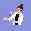Physicist with atom. Female scientist doing research. Particles, quantum physics study. 