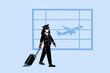 © Sophie Alp - Pilot in airport wearing face mask on the way to board a plane. Female aircraft pilot in uniform walking through terminal with airplane takeoff in background. Jumbo commercial passenger plane professi