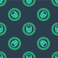 Sticker - Line Pirate coin icon isolated seamless pattern on blue background. Vector