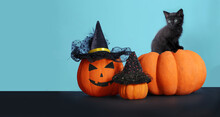 Happy Halloween Background. Black Little Funny Cat Sitting On A Pumpkin