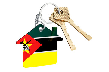 Real estate in Mozambique. Home keychain with Mozambican flag. Property, rent or mortgage concept. 3D rendering