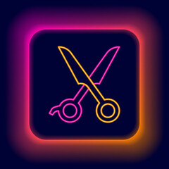 Canvas Print - glowing neon line scissors hairdresser icon isolated on black background. hairdresser, fashion salon