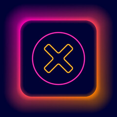 Poster - Glowing neon line X Mark, Cross in circle icon isolated on black background. Check cross mark icon. Colorful outline concept. Vector