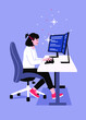 © Sophie Alp - Software engineering sitting by computer.  two monitors on desk.  female software developer coding in front of screen.  computer science programmer typing.  work from home remote tech.