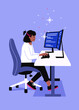 © Sophie Alp - Software engineering sitting by computer.  two monitors on desk.  female software developer coding in front of screen.  computer science programmer typing.  work from home remote tech.