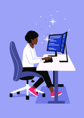 software engineering sitting by computer. two monitors on desk. female software developer coding in 