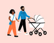© Sophie Alp - Interracial  couple pushing stroller. happy family with newborn taking a walk.  mother father baby together. Smiling parent on maternity leave.
