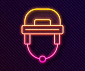 Wall Mural - Glowing neon line Hockey helmet icon isolated on black background. Vector