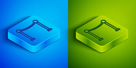 Canvas Print - Isometric line Rope barrier icon isolated on blue and green background. VIP event, luxury celebration. Celebrity party entrance. Square button. Vector