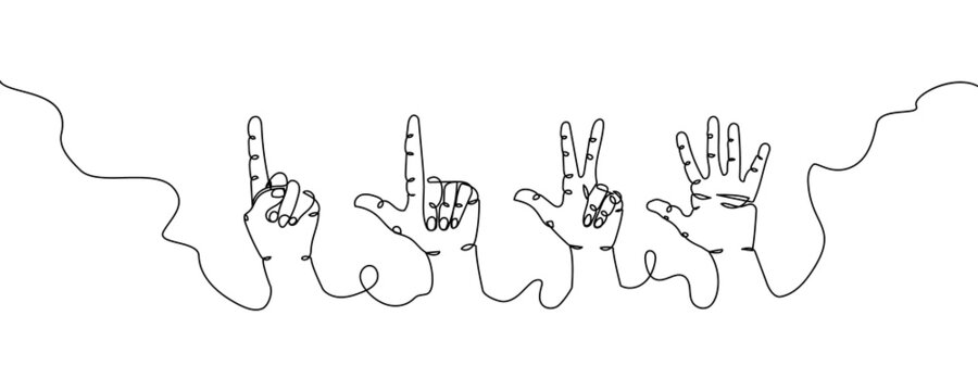 Hand gestures one line set art. Continuous line drawing of gesture, friendship, greetings, numbers, victory.