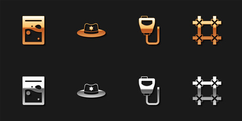 Sticker - Set Plastic bag of drug, Sheriff hat with badge, Walkie talkie and Prison window icon. Vector