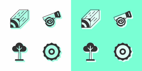 Sticker - Set ircular saw blade, Wooden beam, Tree and Hand and log icon. Vector