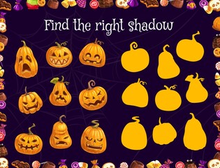 Sticker - Halloween kids game with find the right silhouette of vector pumpkins and treats. Halloween shadow matching game or puzzle, educational riddle or test with cartoon jack o lantern pumpkins and sweets