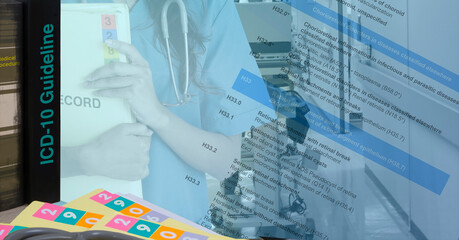 icd-10 codebook with text of code diseases and female doctor holding medical record floder.
