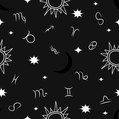 Wall Mural - vector seamless pattern on the theme of astrology, magic, mysticism, witchcraft, esoteric. flat style pattern with zodiac signs, moon, stars, suns for printing on fabric, wrapping paper