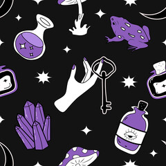 Wall Mural - vector seamless pattern on the theme of magic, mysticism, witchcraft, halloween, esoteric. flat style pattern with magic items (potions, mushrooms, crystals) for printing on fabric