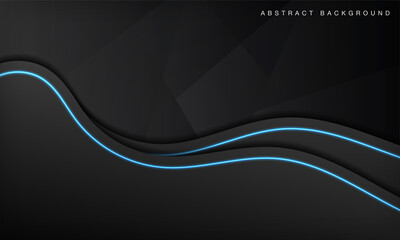 Wall Mural - Black wave abstract technology background overlap layers on dark space with blue light neon effect decoration. Modern graphic design template elements for poster, flyer, brochure, landing page,