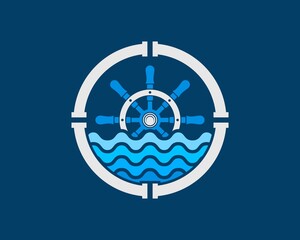 Sticker - Circular water pipe with ship steering wheel and beach wave