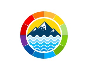 Sticker - Circular rainbow shape with mountain and abstract beach wave