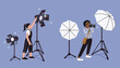 © Sophie Alp - production crew behinde the scenes. light technician and photographer backstage working on set.  entertainment production set professional staff
