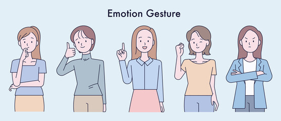 A collection of female characters expressing various expressions with their hands. outline simple vector illustration.