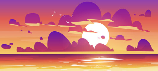 Wall Mural - Sunset in ocean, nature landscape background, pink and purple fluffy clouds in orange sky with sun shining above tranquil sea water surface, illuminated shore evening view. Cartoon vector illustration