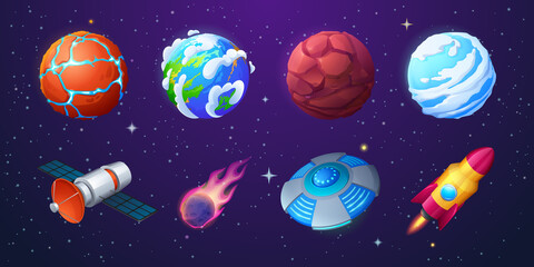 earth, alien planets, rocket, ufo spaceship and meteor on background of outer space with stars. vect