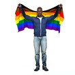 © Tritons - 3D Render : A man who is gay holding the pride rainbow flag with his hands support LGBT