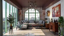 Stylish Industrial Living Room, Photorealistic 3D Illustration Of The Interior, Suitable For Using In Video Conference And As A Zoom Background.